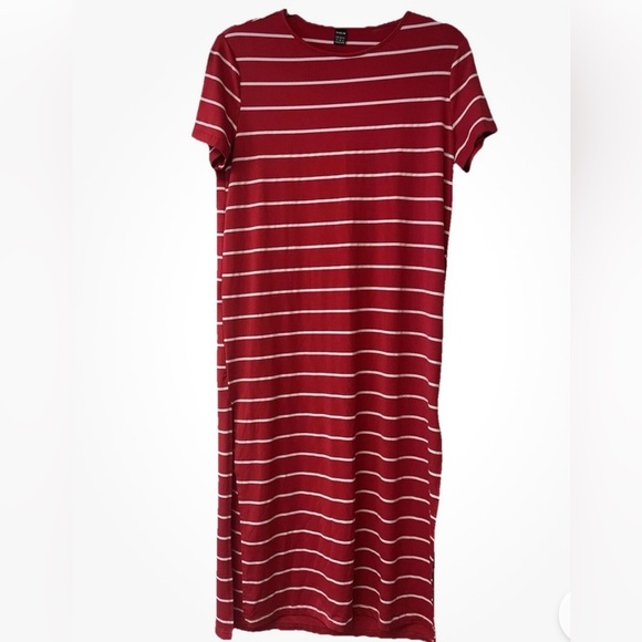 Red/White MIDI T-Shirt Dress Slits Stretch Size M work, travel - Picture 8 of 9